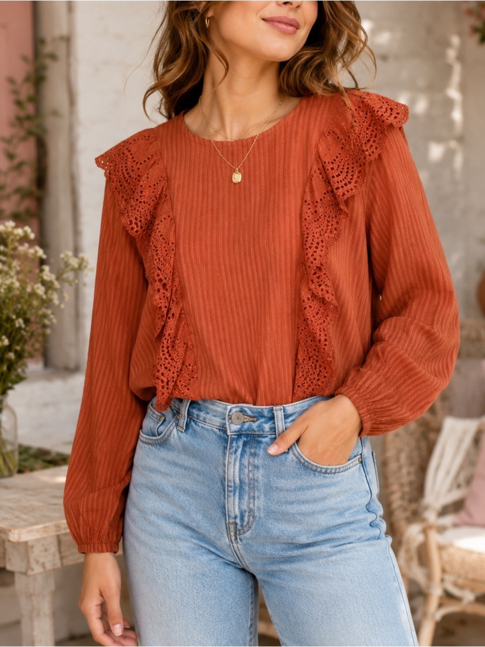 She + Sky Orange Boho Ruffle Eyelet Stripe Blouse Size Small Boho Chic